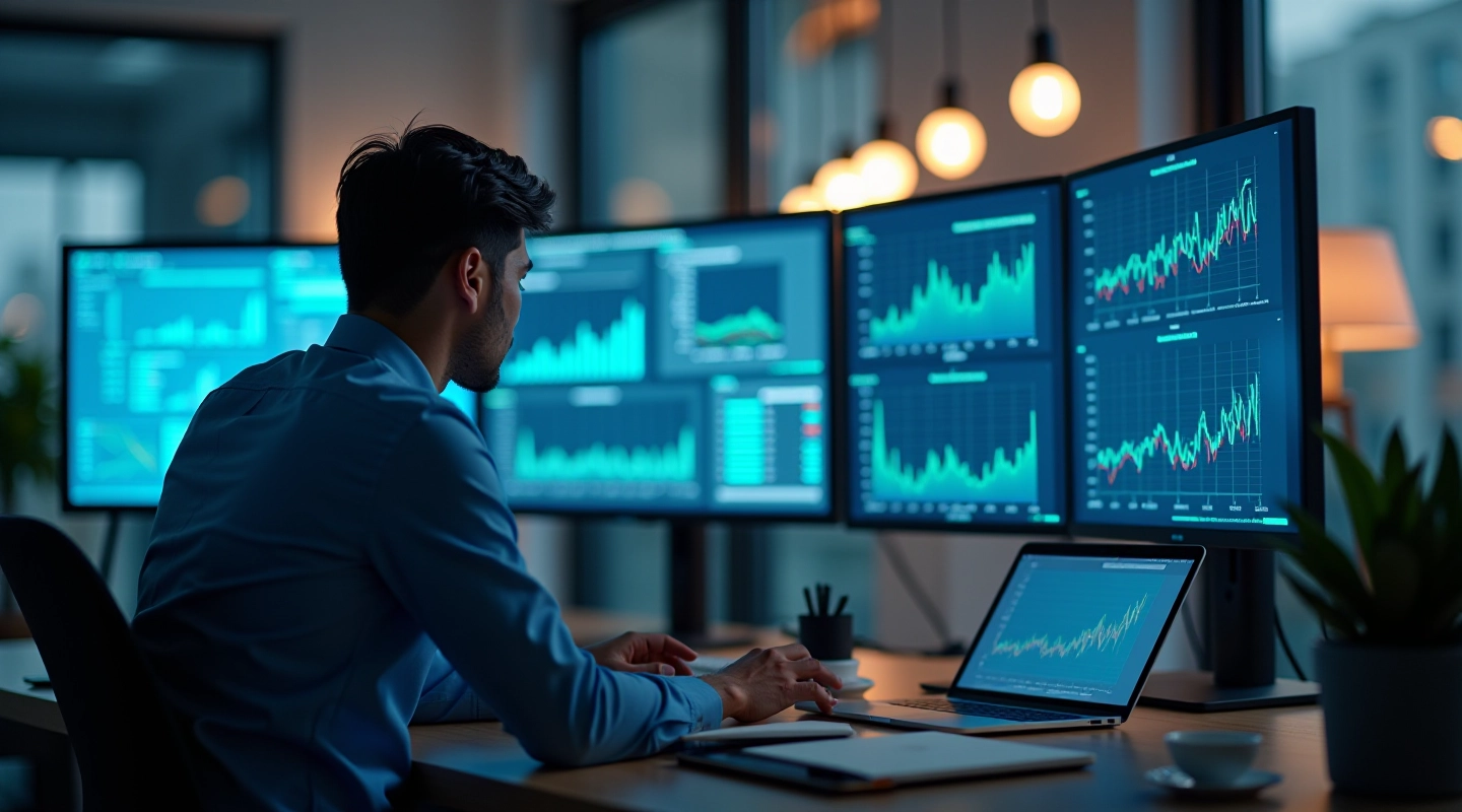 Data scientist analyzing neural network models on computer screen with charts and graphs visible in background
