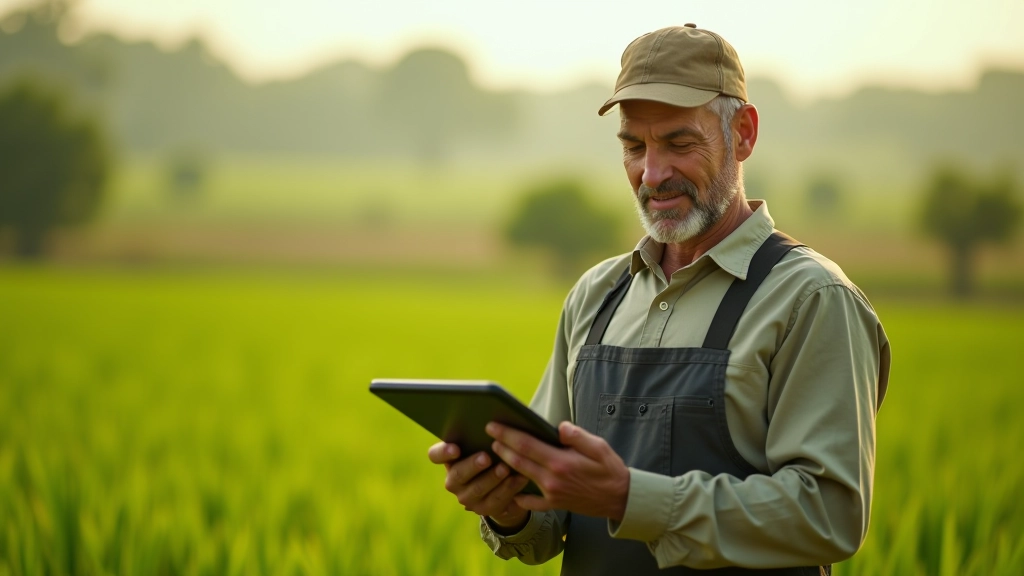 Farmer holding tablet showing crop monitoring dashboard with real-time data analytics